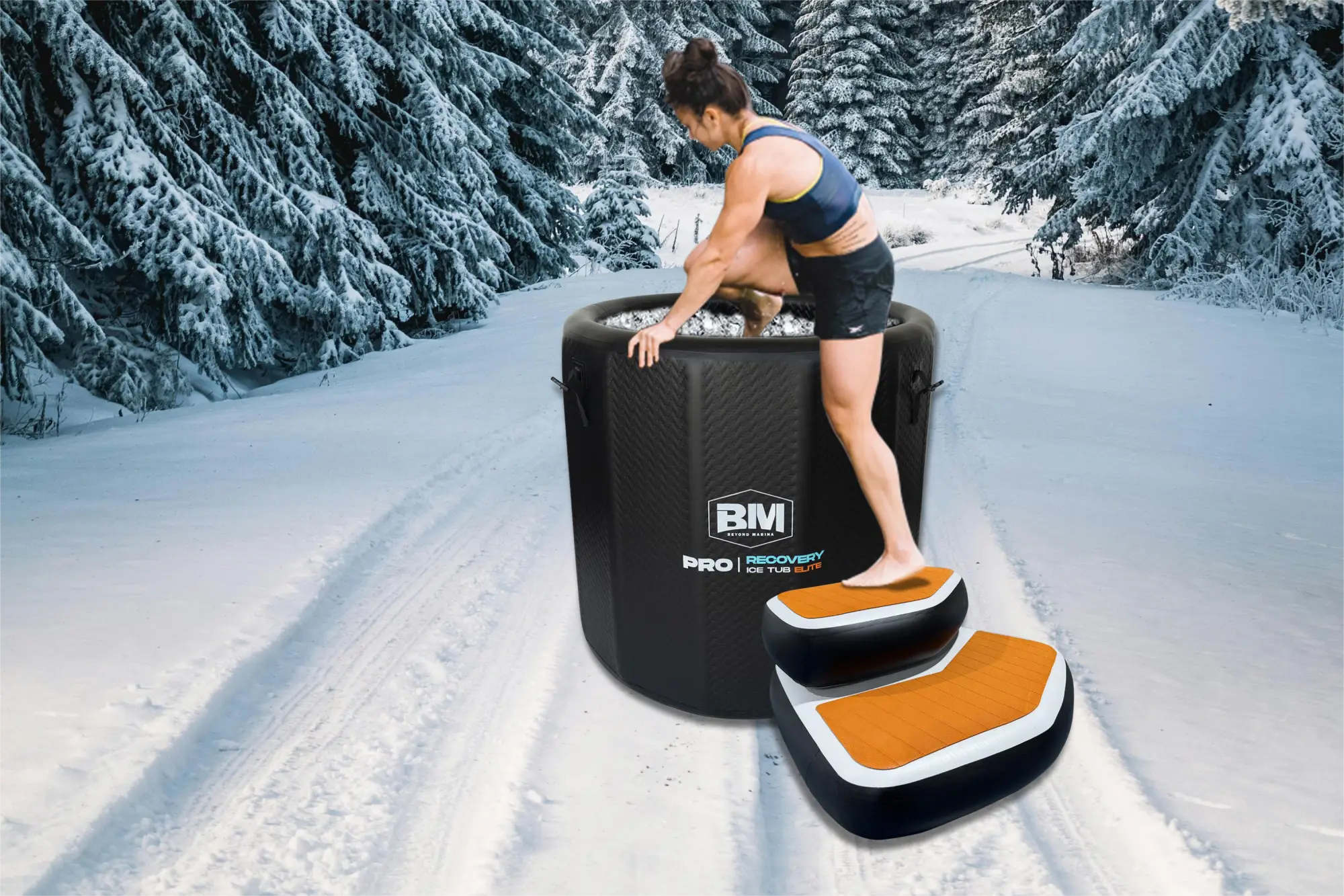 Black inflatable ice bath with orange-topped non-slip steps for optimal recovery