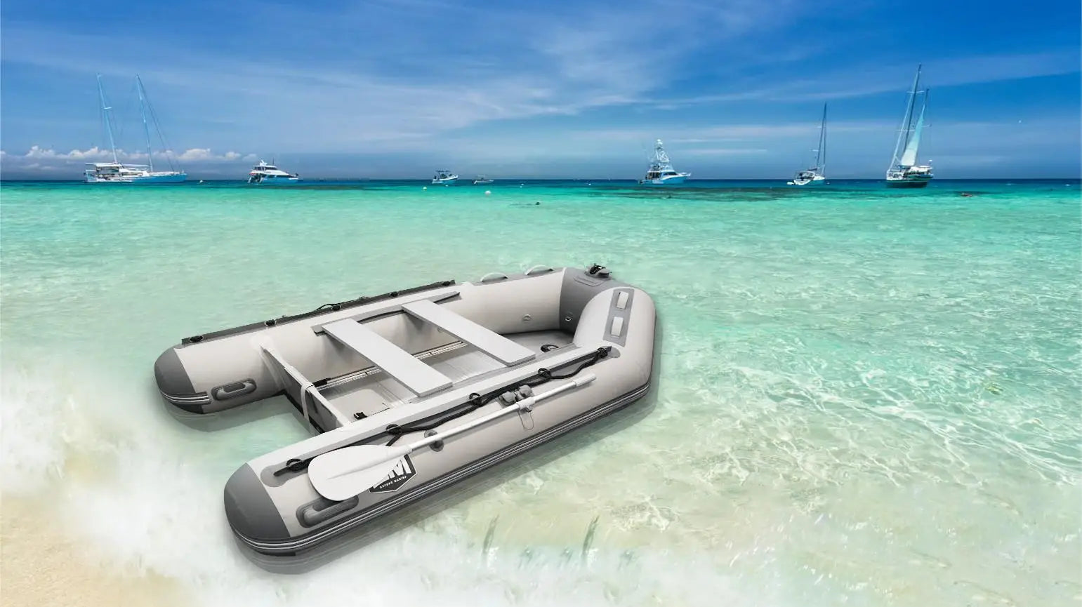 Inflatable gray dinghy with oars, ideal dinghy boats for short trips and key differences in larger vessels