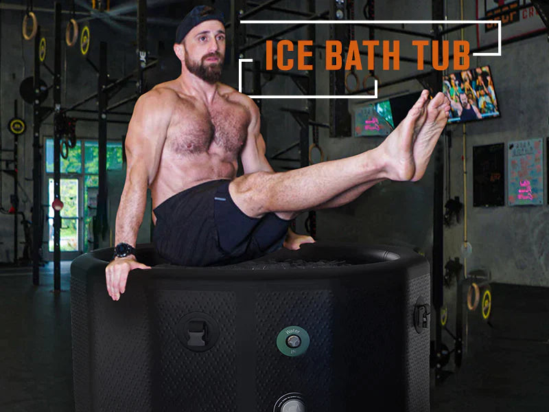 Man performing squat on inflatable drop stitch ice tub machine.