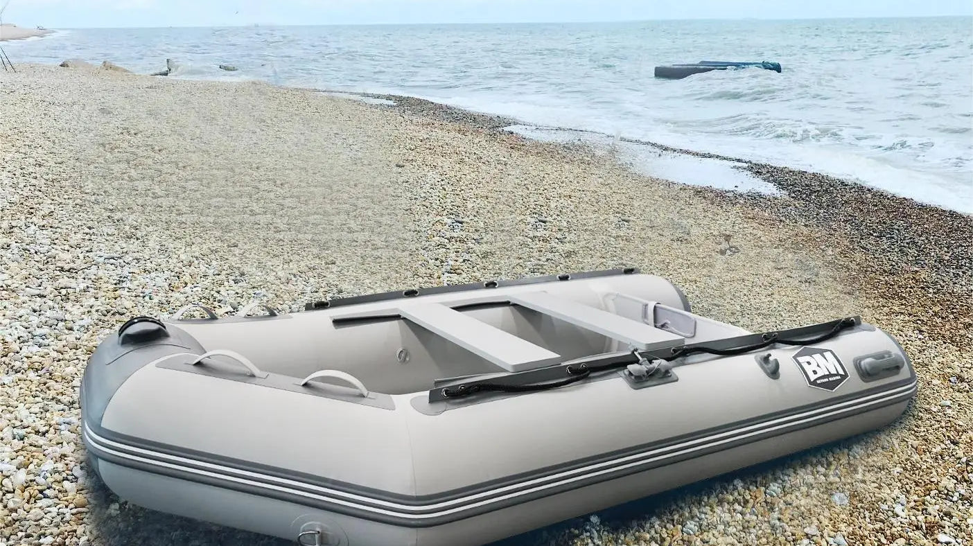 Inflatable gray sport boat dinghy suitable for watercraft registration and durability
