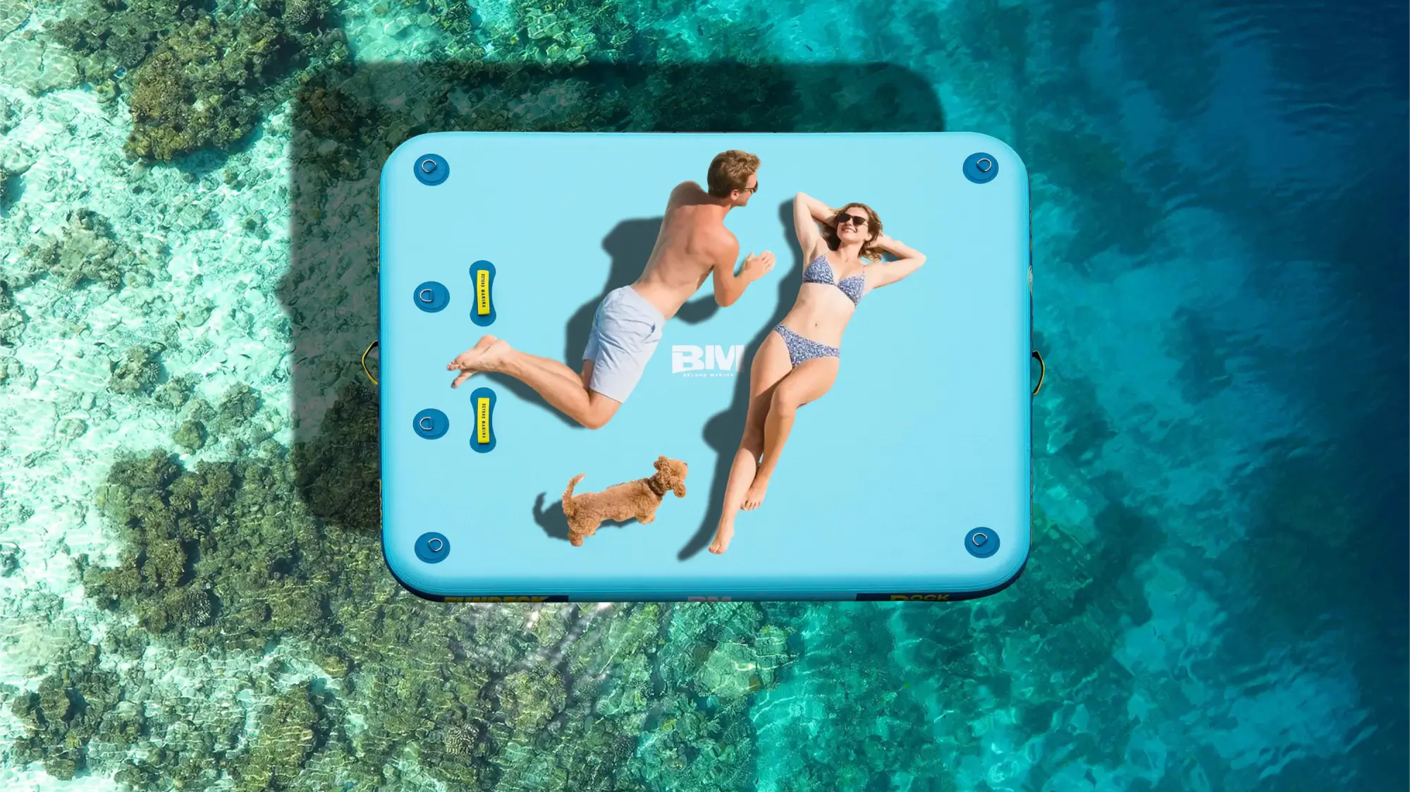 Floating blue inflatable dock platform with people and a dog for Vanlife adventures