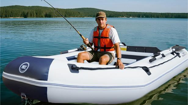 Inflatable fishing boat with person in life vest from Heymarina Series Inflatable with drop-stitch floor