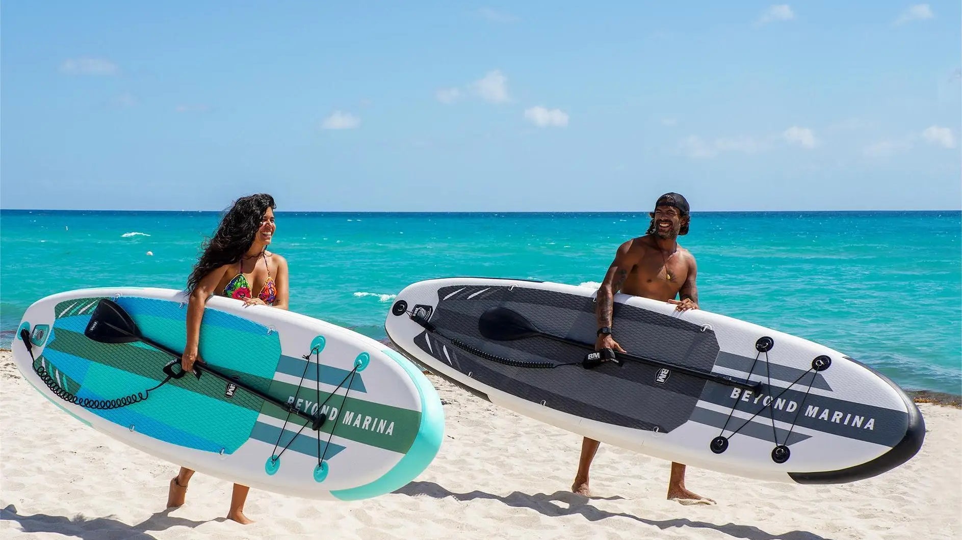 Two paddleboards on a beach at Marina’s Epic, perfect for remote spots and adventures