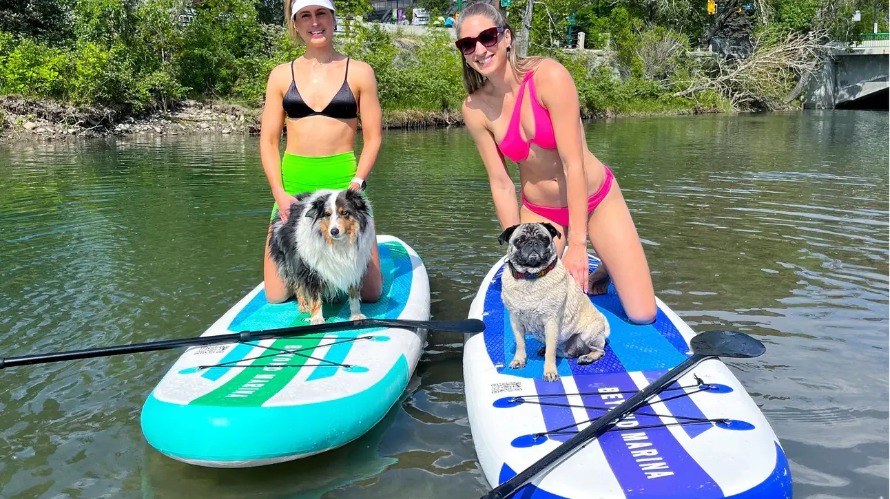 Two people walking on the beach with inflatable paddle boards ready for adventure.