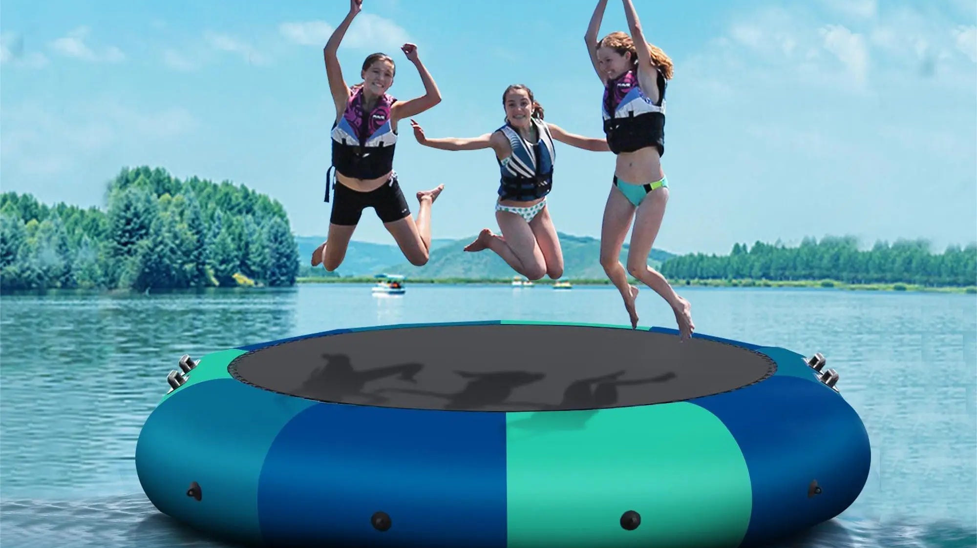 Inflatable water trampoline with children jumping, ideal marina water trampoline for fun