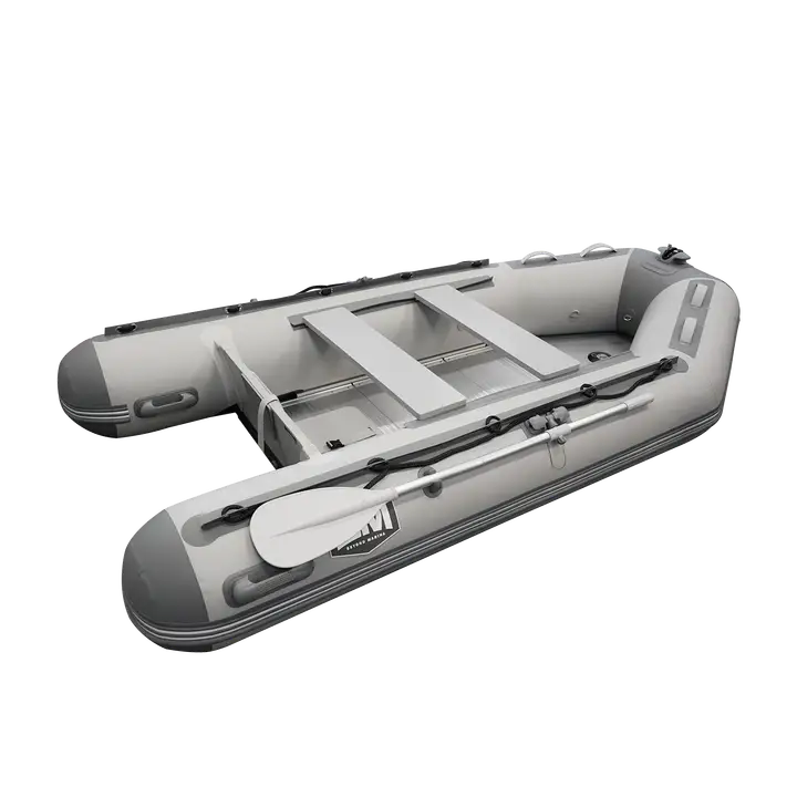 Inflatable gray boat with oars in the Inflatable Dinghy collection, ideal for marina inflatable adventures