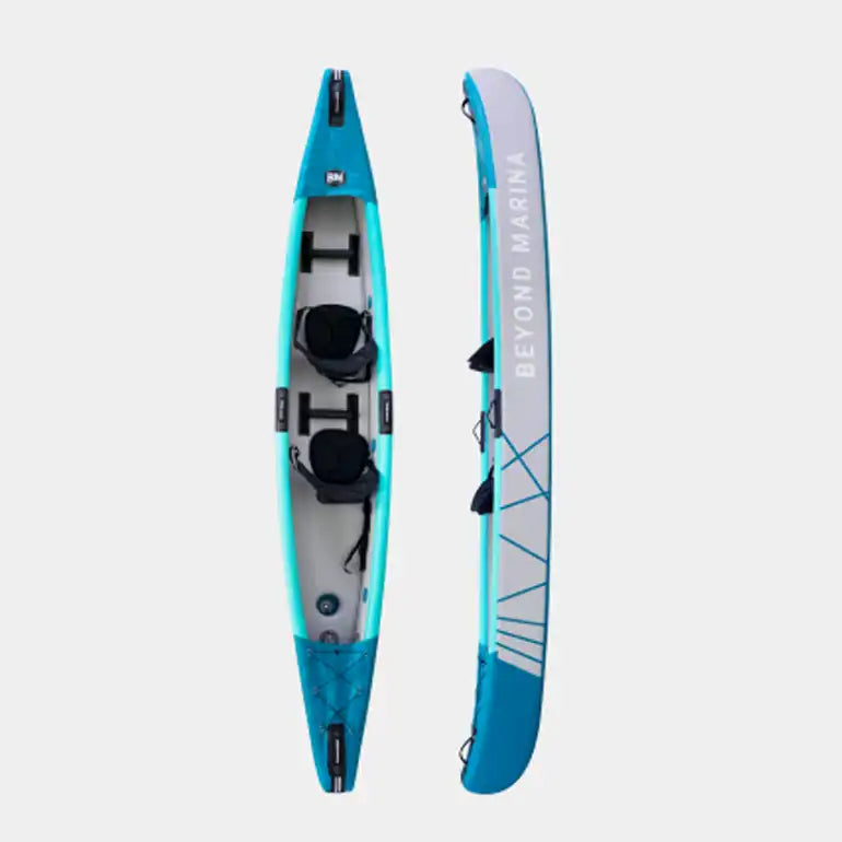 Blue and white inflatable kayak from the Beyond Marina Inflatable Kayak Collection.