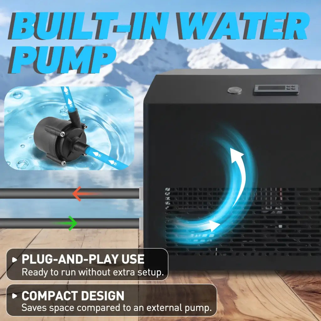 Compact black ice bath chiller pump for inflatable ice tub