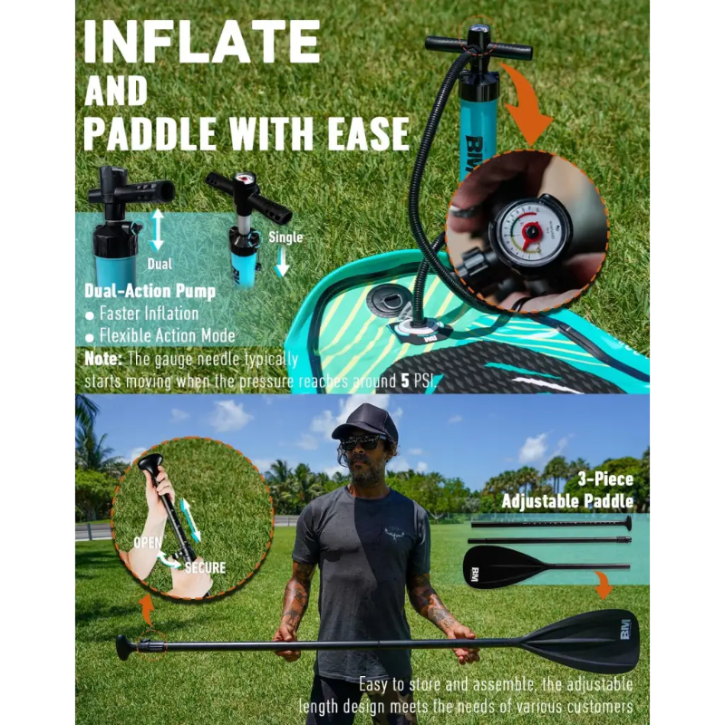 Inflatable paddle board with pump and adjustable paddle for EPIC 10’6 ISUP paddle board