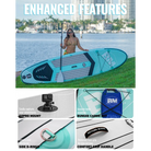 Aqua and gray paddle board featuring ultralight material and fusion tech enhancements