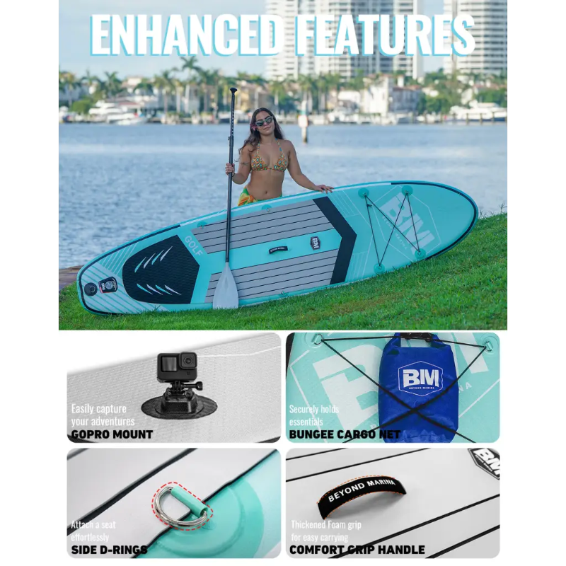 Aqua and gray paddle board featuring ultralight material and fusion tech enhancements