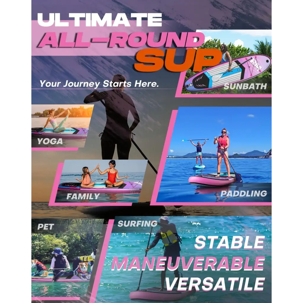 Close-up of a poster with person on surfboard in 10’6 Inflatable Stand Up Paddle Board Package