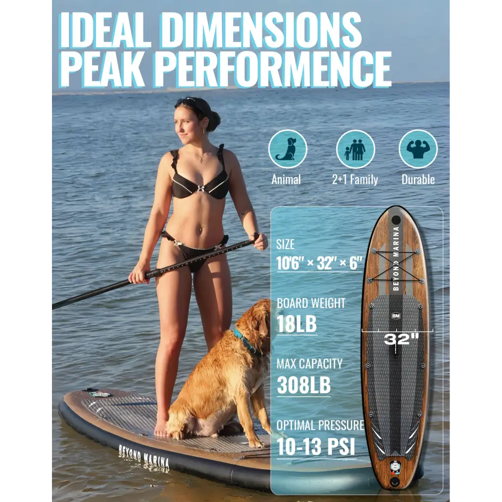 Paddleboard specifications for 10’6 Paddle Board Elegant - wooden inflatable SUP board