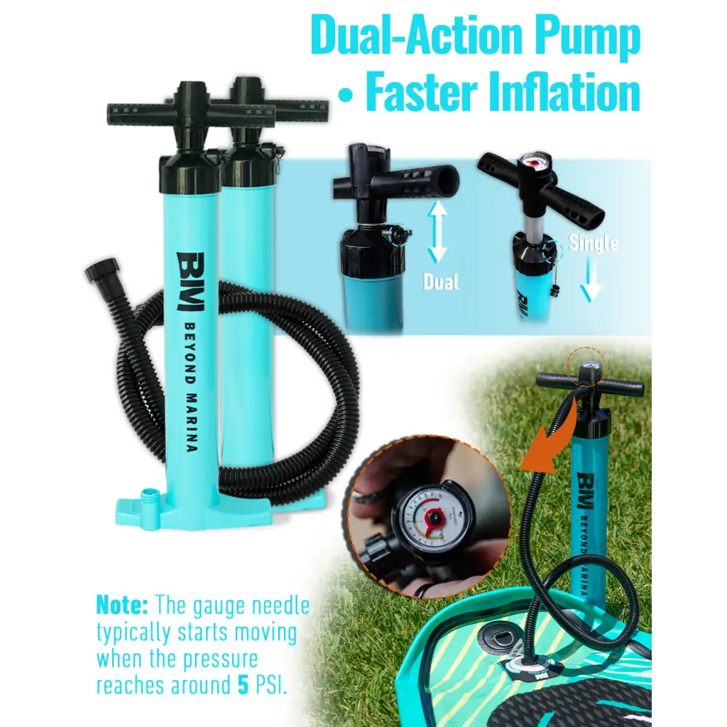 Aqua-colored dual-action pump with black hose for 10’6 Paddle Board Elegant ISUP