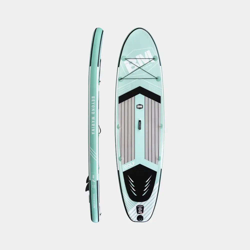 Beyond Marina ALL-ROUND 10’6’ GOLF INFLATABLE PADDLE BOARD PACKAGE with aqua blue paddle board and paddle