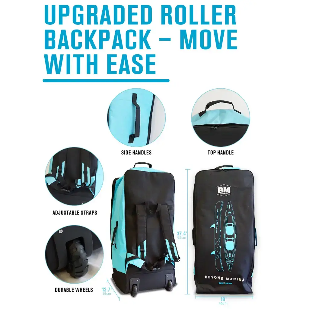 Black teal drop stitch inflatable kayak Pathfinder with roller backpack wheels