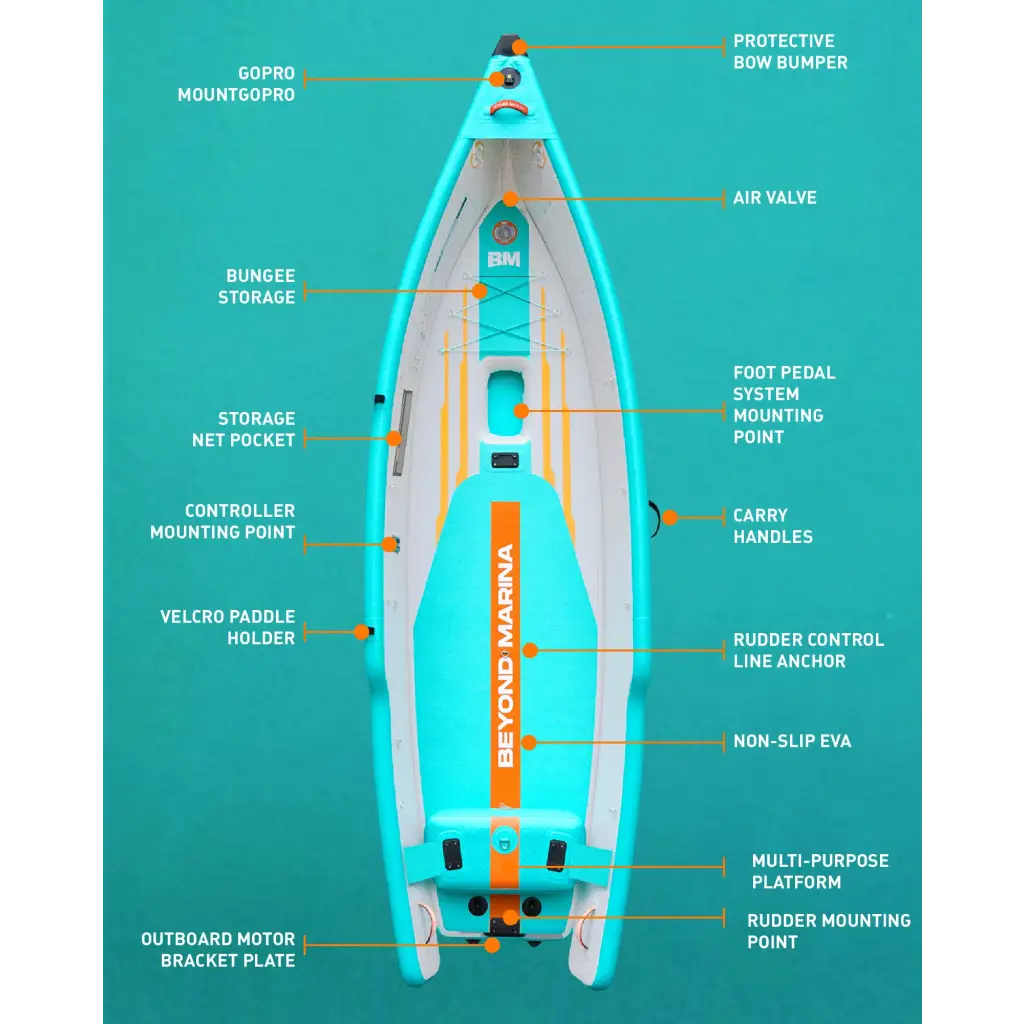 Turquoise orange inflatable fishing kayak with Beyond Marina branding