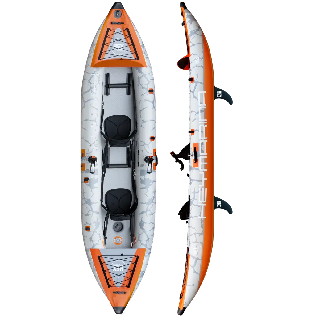 Orange and white 12’6 inflatable tandem kayak with drop-stitch floor