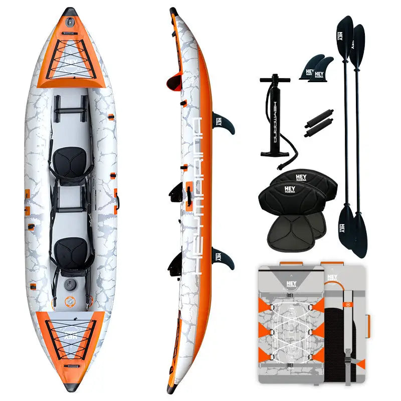 Orange and white inflatable tandem kayak with drop-stitch floor and GoPro mount