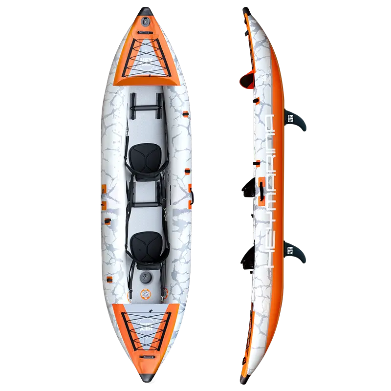 Orange and white 12’6 inflatable tandem kayak with drop-stitch floor