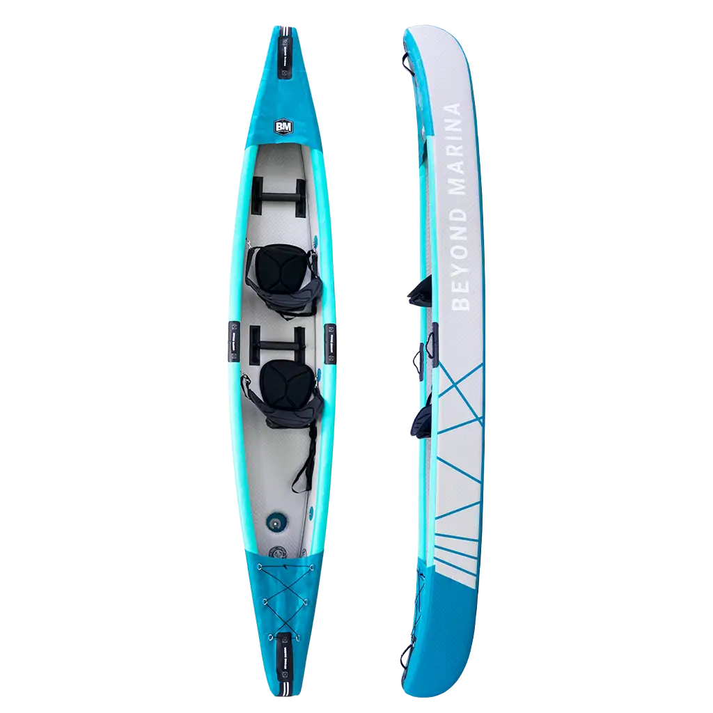 Blue inflatable tandem kayak with paddles - 13’10’ Explorer