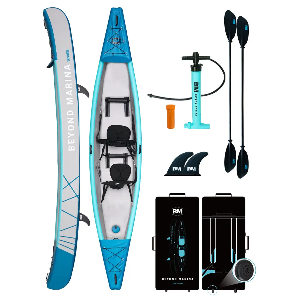 Inflatable kayak with accessories made of drop stitch material for two seats stability