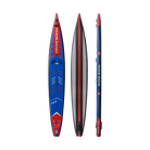 Inflatable paddle board with paddle on red and blue board, Beyond Marina RACING UNO.