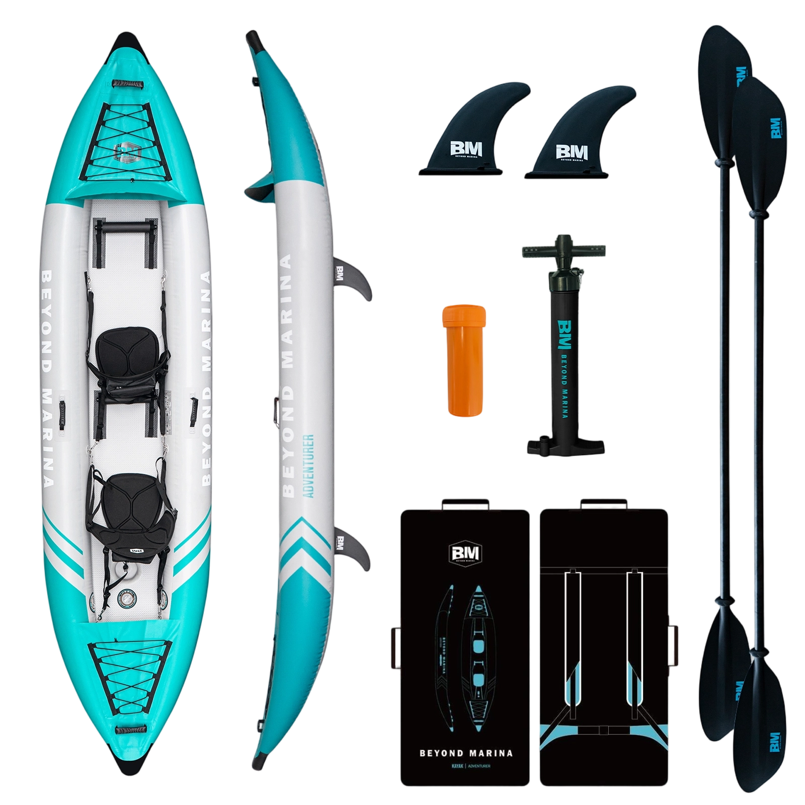 Inflatable kayak set with paddles, pump, and accessories on a white background