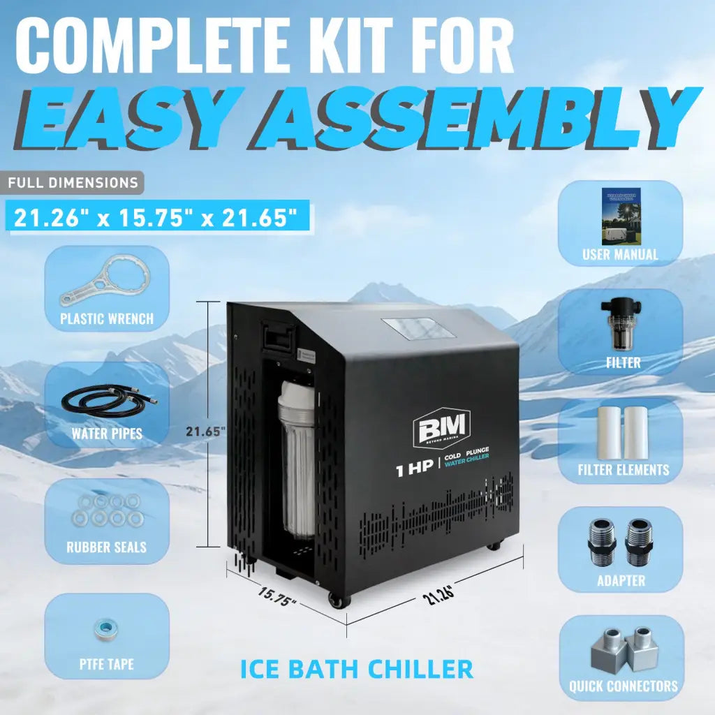 1HP Ice Bath Chiller with black BM1 unit, white filter, vents, and casters