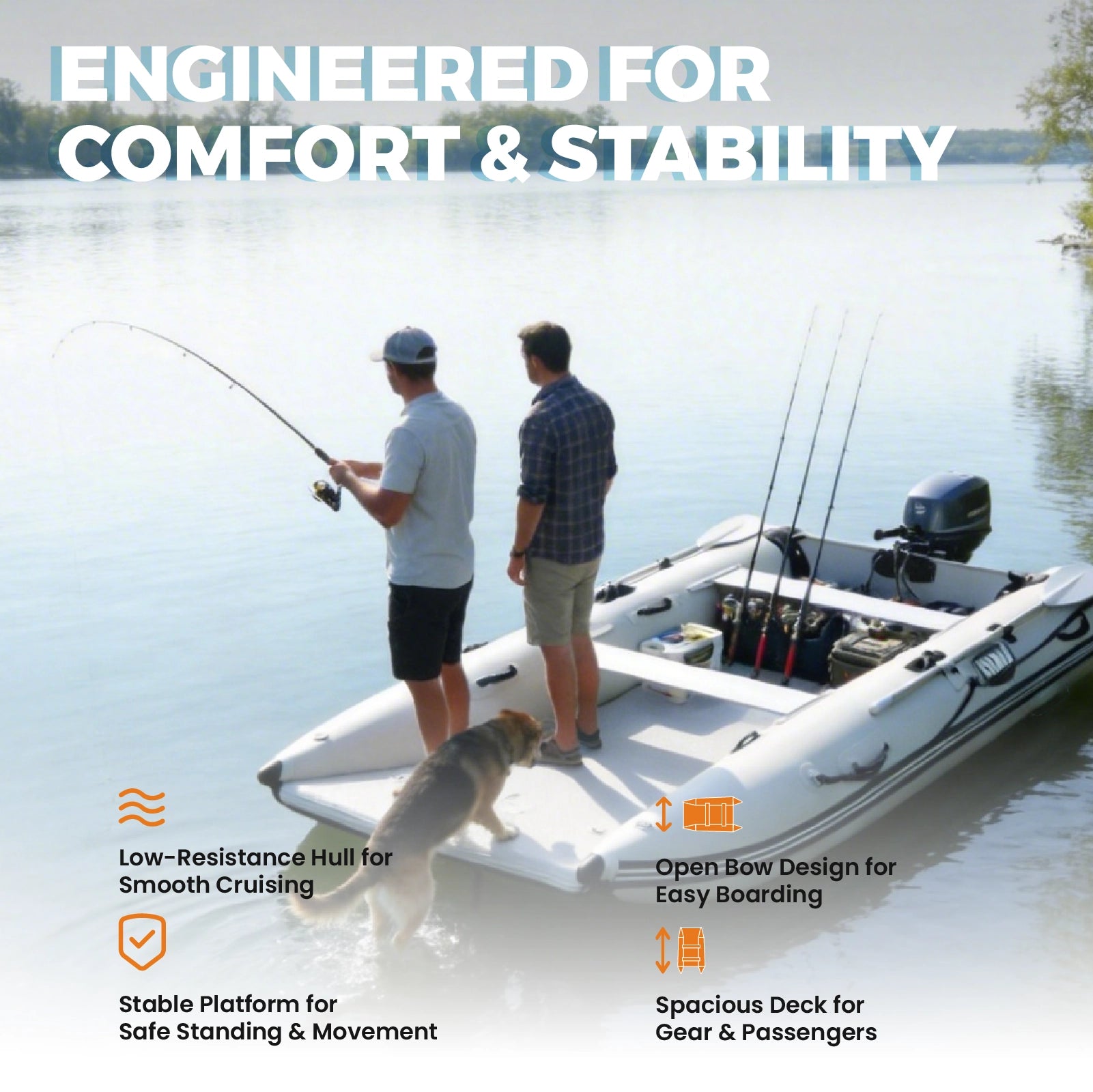 Two people and a dog on an inflatable catamaran boat with text about comfort and stability.