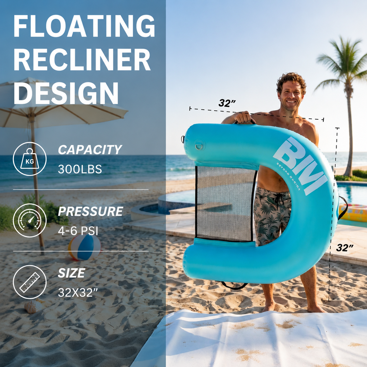 Man holding a blue inflatable pool recliner with product specifications on a beach.