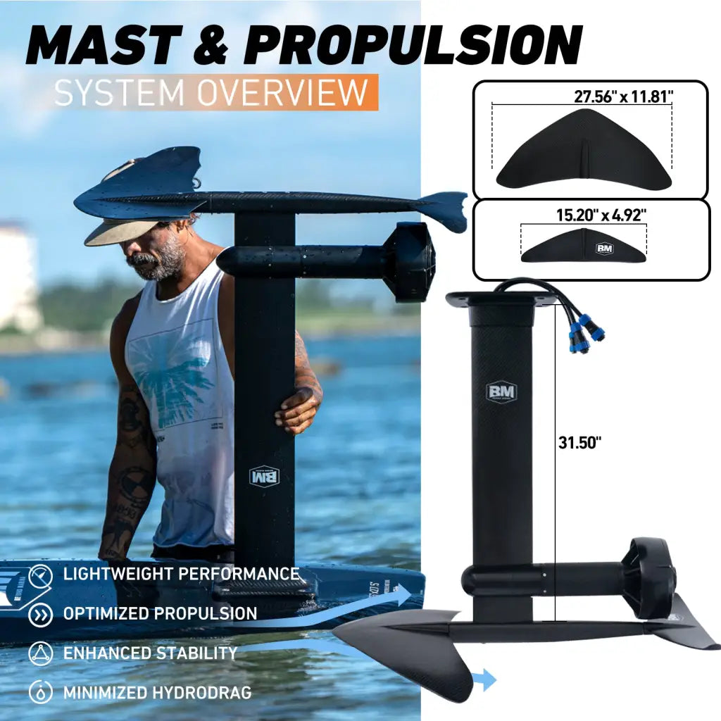 5’4 Cruiser eFoil AquaGlide electric hydrofoil board with black paddleboard mast and propeller