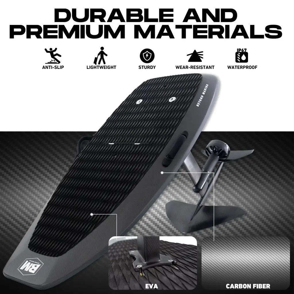 Black electric hydrofoil board on AquaGlide 5’4 CRUISER EFOIL, perfect for advanced riders
