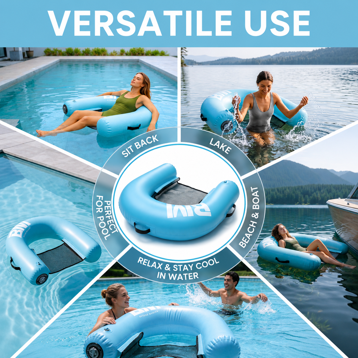 Collage of a blue inflatable pool float being used in various water settings with text highlighting its versatility.