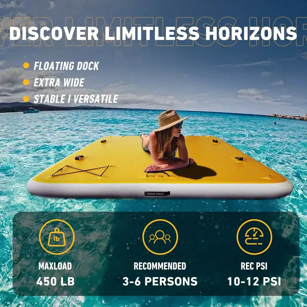 Woman in a yellow kayak on the ocean using an 8ft×5ft/10ft×8ft reliable inflatable air dock