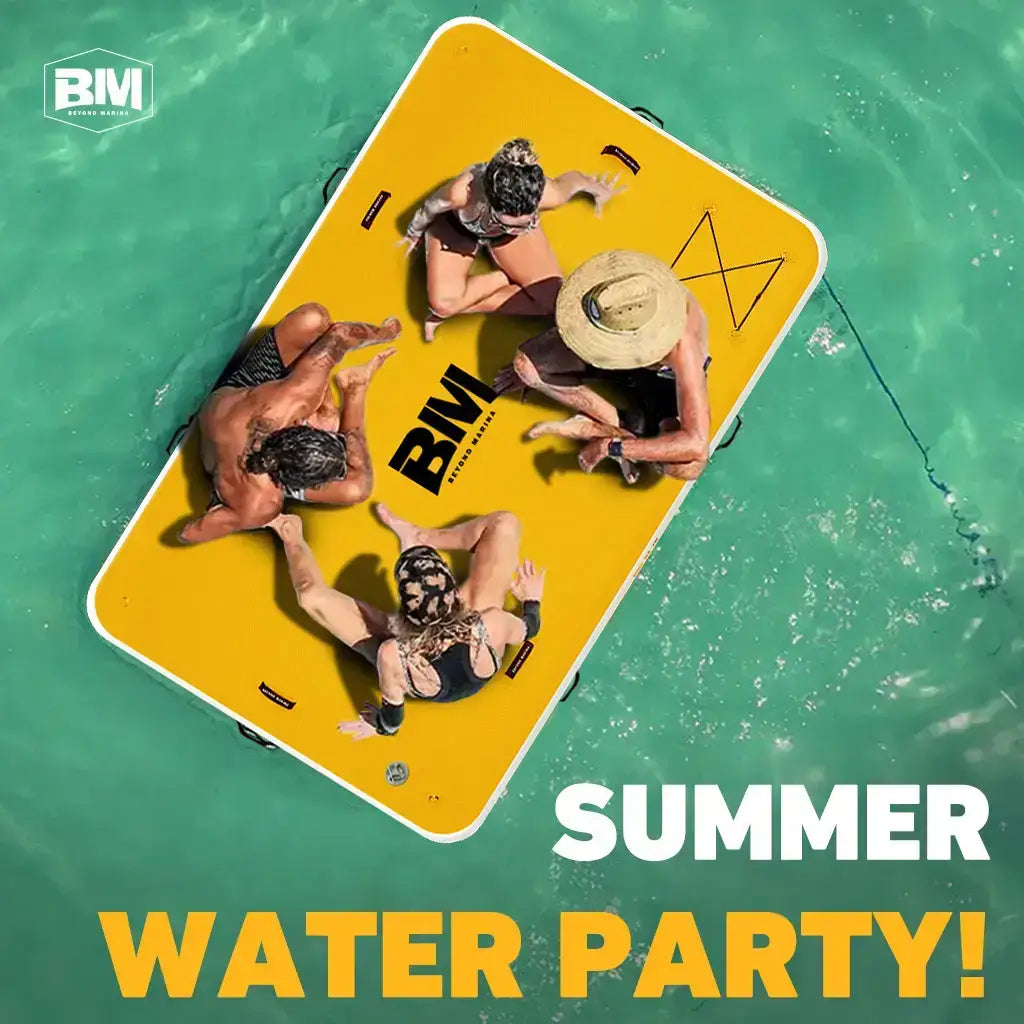 Group enjoying water activities on a reliable and stable inflatable air dock with yellow sign