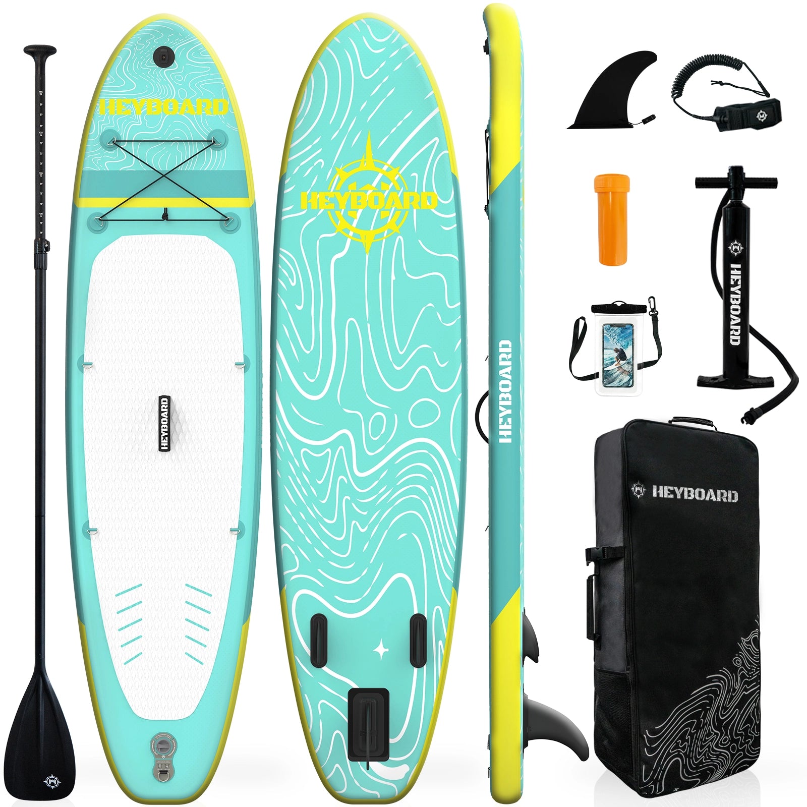 Mint green SUP board with paddle, fins, leash, pump, and backpack on a white background