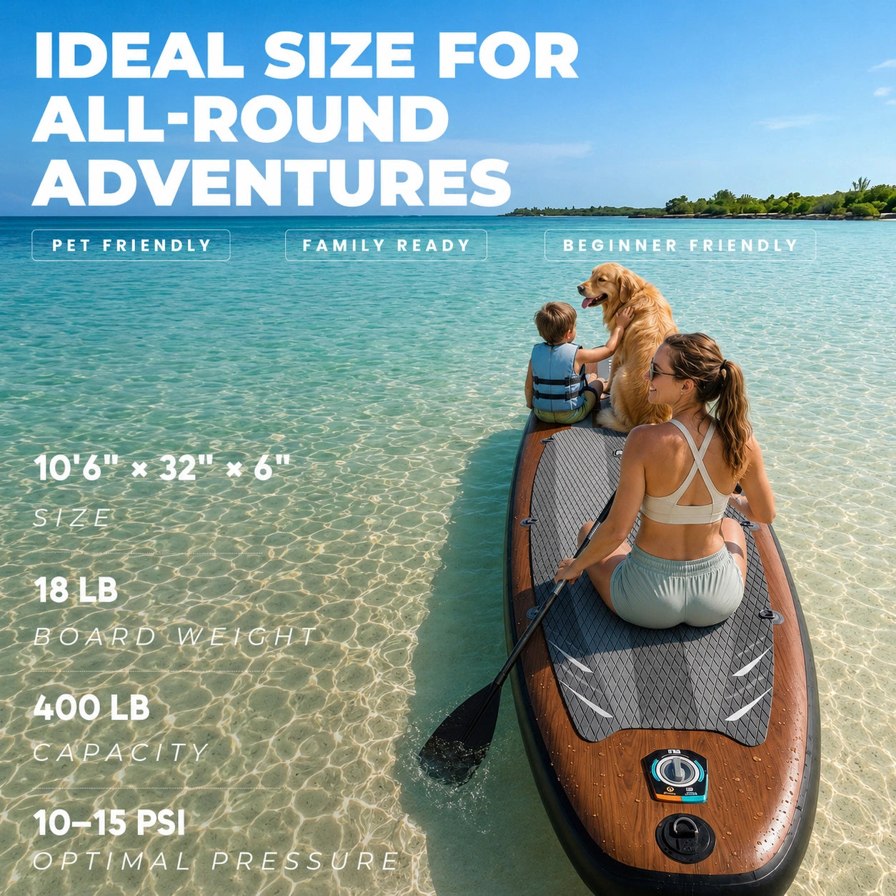 Woman and child on a paddleboard with text about ideal size for all-round adventures.
