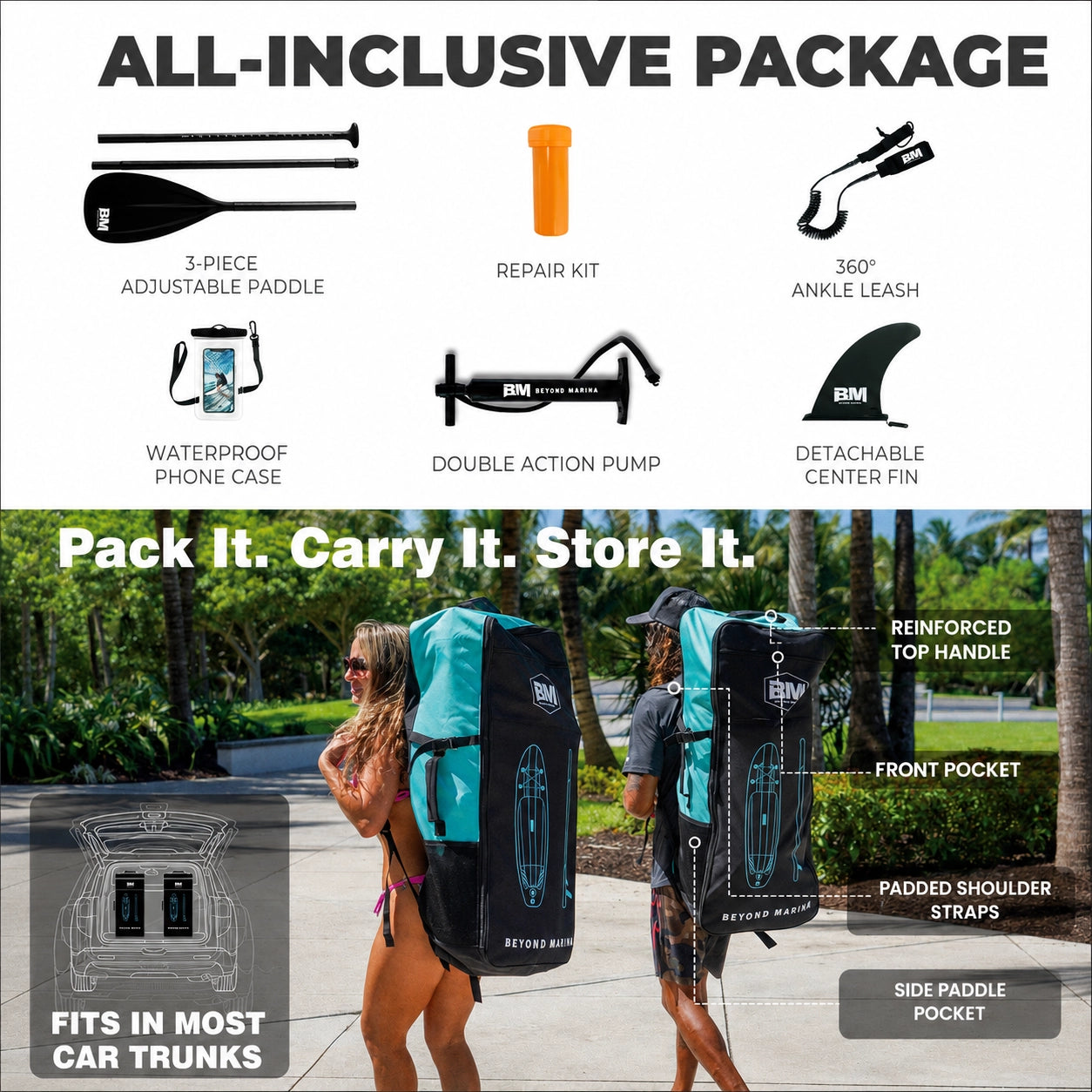 All-inclusive package for paddleboarding with features listed and two people carrying a backpack.