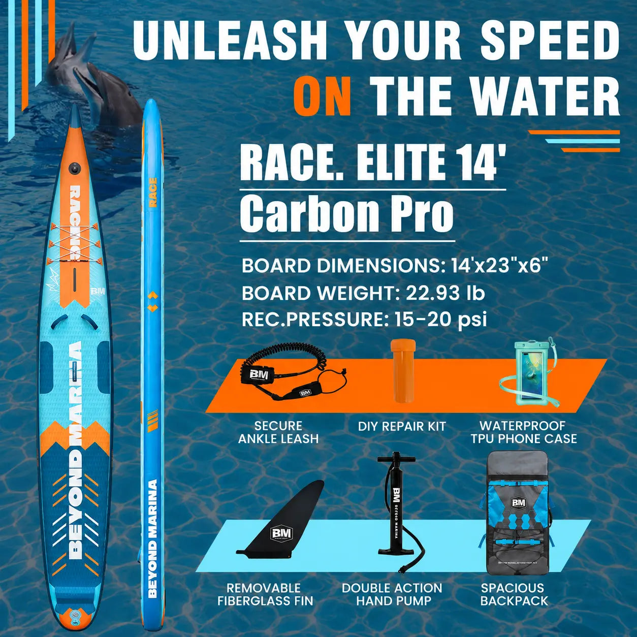 Promotional graphic for the Beyond Marina Race Elite 14' Carbon Pro stand-up paddle board, showing the board from top and side views, plus included accessories arranged on a blue water-textured background with large marketing text.