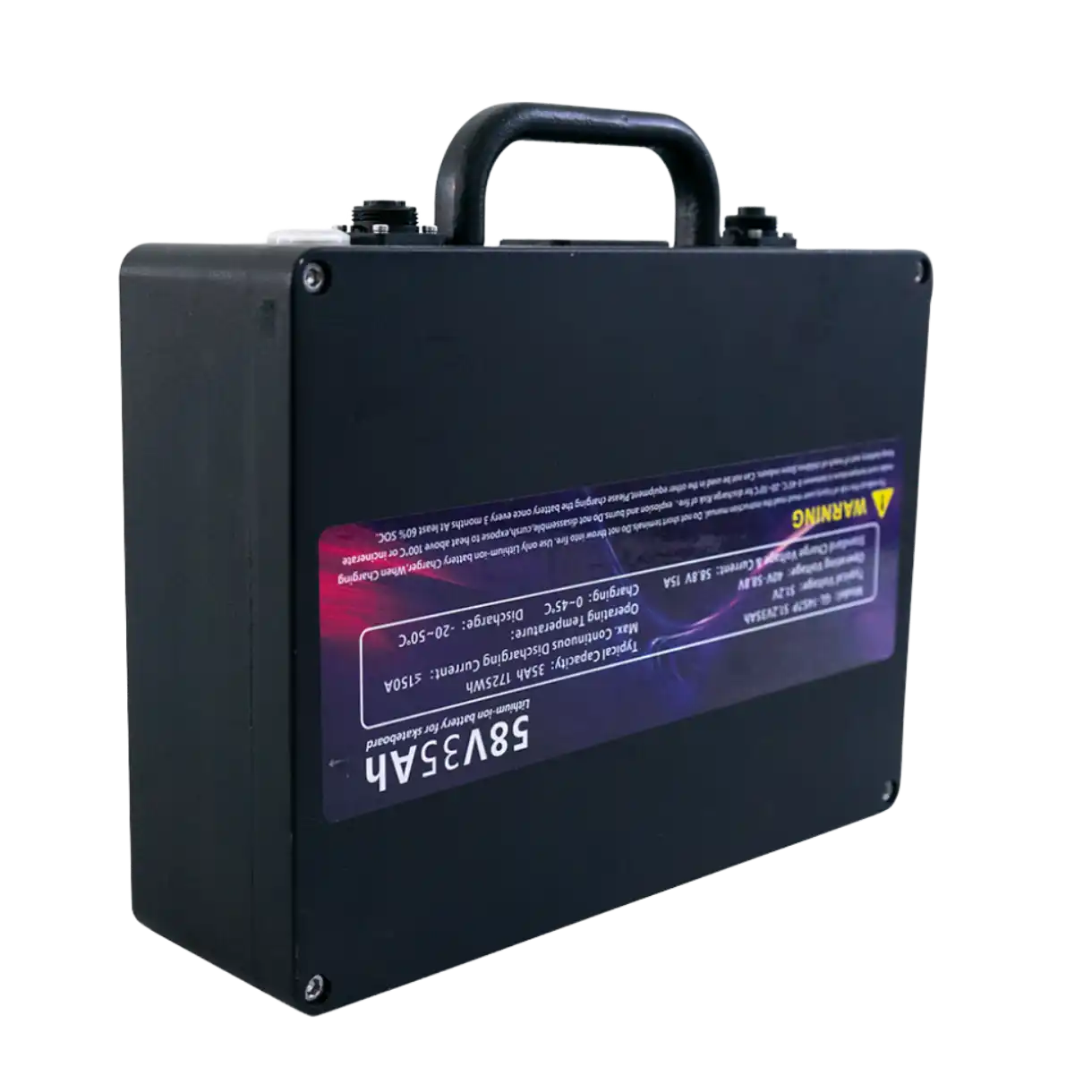 Black battery pack with handle.