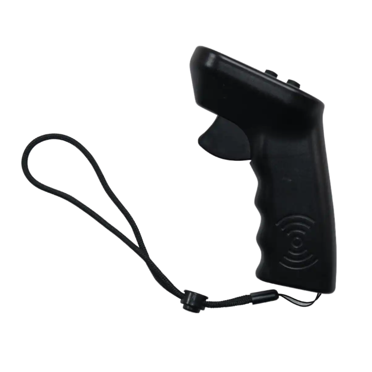 Black pistol-grip controller with wrist strap.