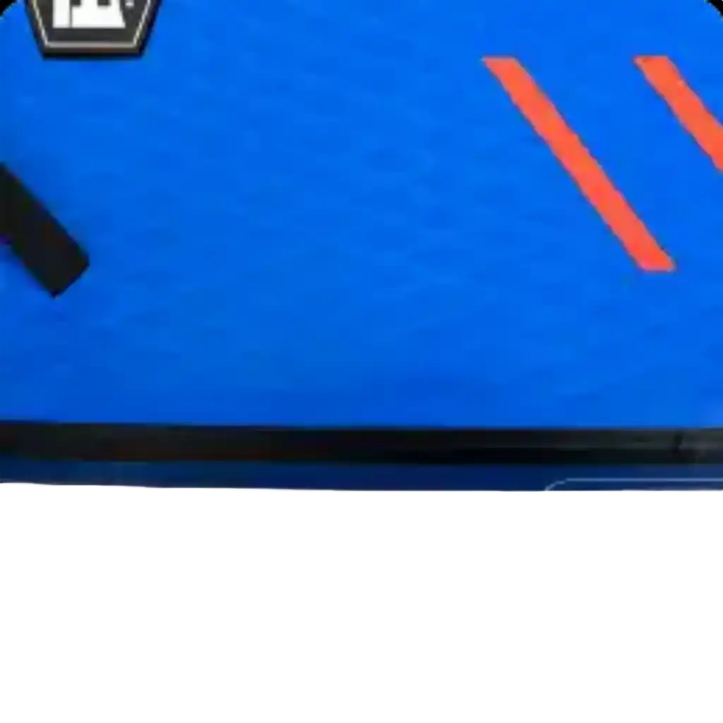 Blue boogie board with orange stripes.