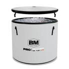 White portable cold plunge tub with handles and detached lid filled with ice for cold water therapy