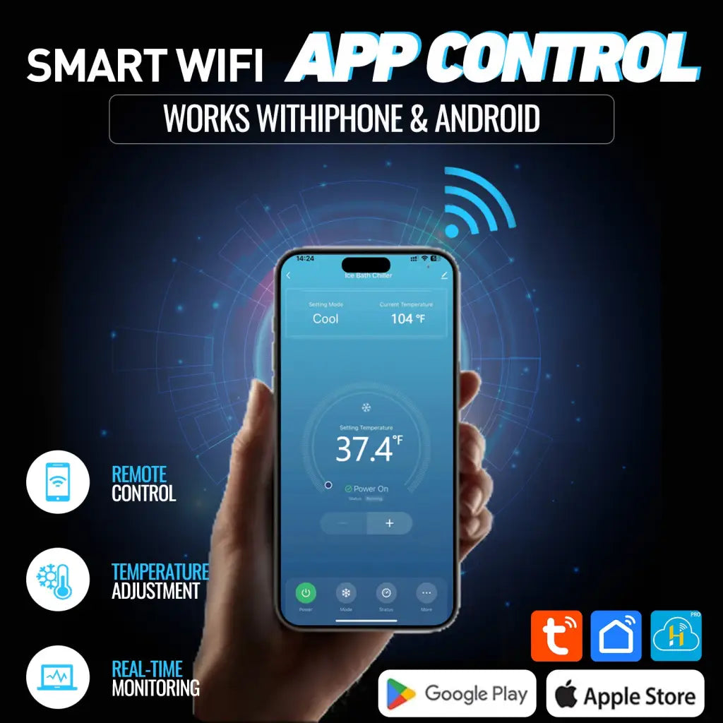 Blue smartphone controlling sleek cold plunge tub with anti-slip steps