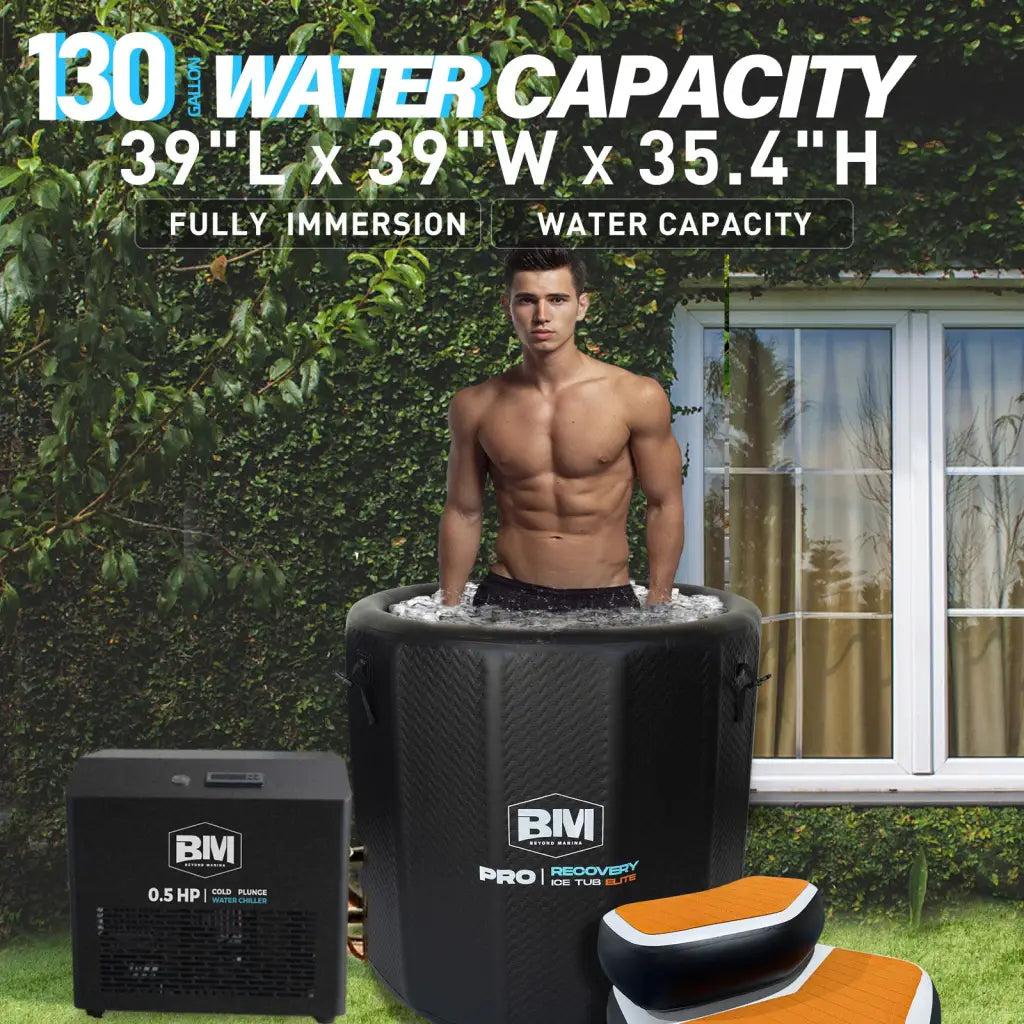 130-gallon black cold plunge tub with orange accents, 0.5 hp pump, anti-slip steps