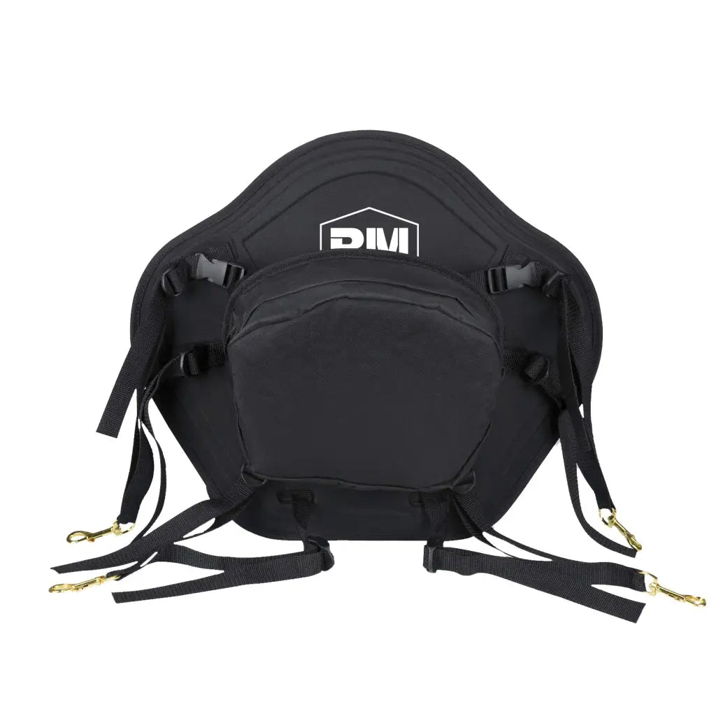 Black kayak seat cushion with white logo
