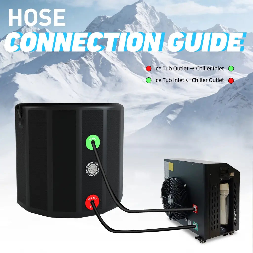 Black cylindrical ice bath tub with red green ports, knob, anti-slip steps