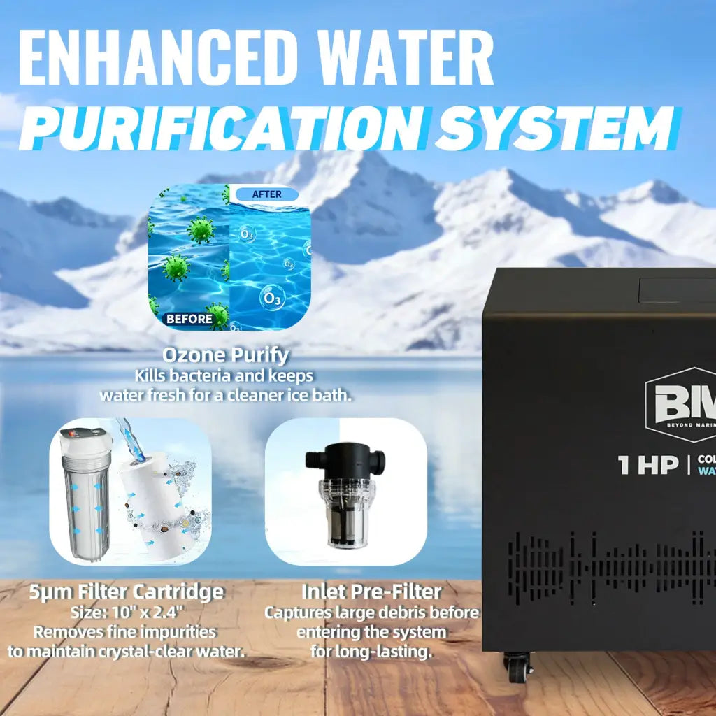 Black 1 HP ice bath tub with ozone purification, pre-filter, anti-slip steps