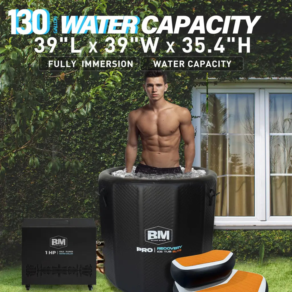 Inflatable black ice bath tub with anti-slip steps for safe entry and complete cold immersion